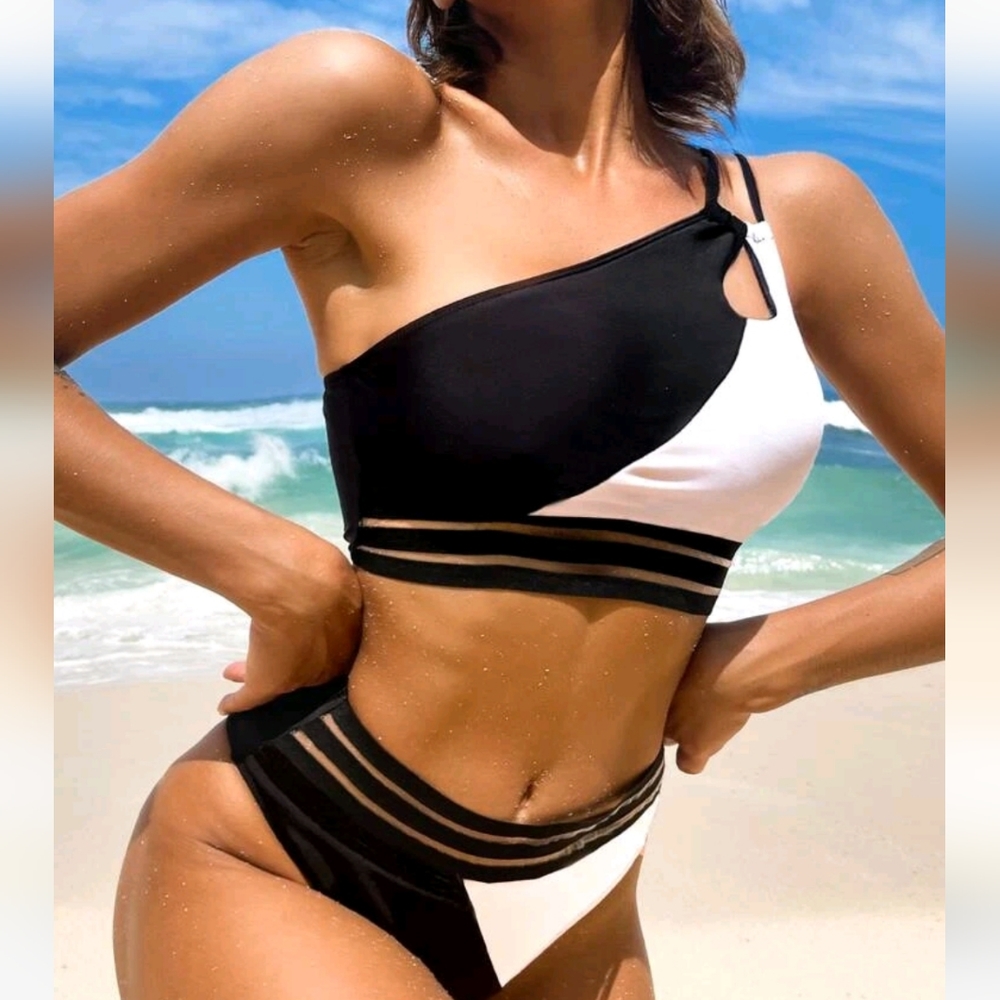 Colorblock Cut Out Mesh One Shoulder Bikini Swimsuit